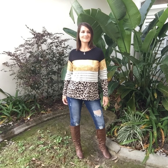 Glitter Leopard Striped Sweater Gold 0819 - Picture 7 of 12